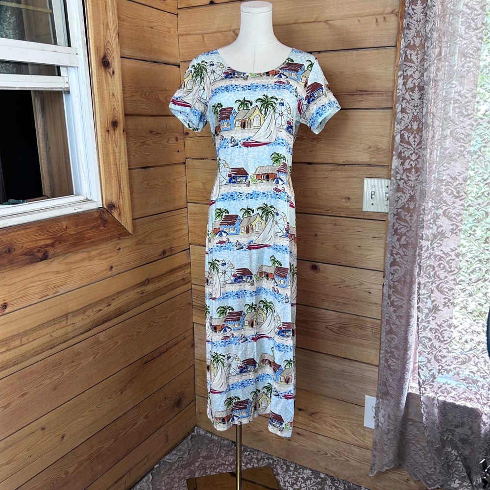Vintage Novelty Print Beach House Dress Women Medium Blue Weekend Clothes Line